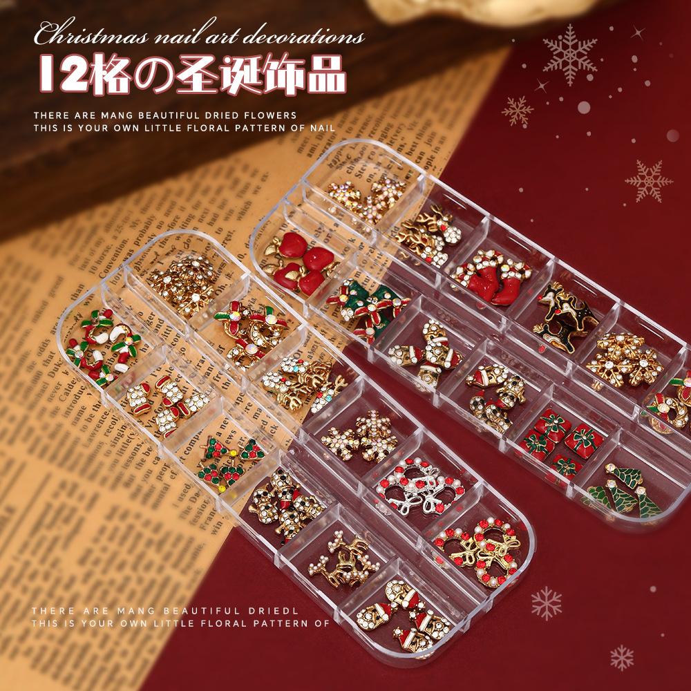 12 Grid Christmas Series Nail Jewelry Mixed Alloy Snowflake Deer Santa Claus Wreath Decoration
