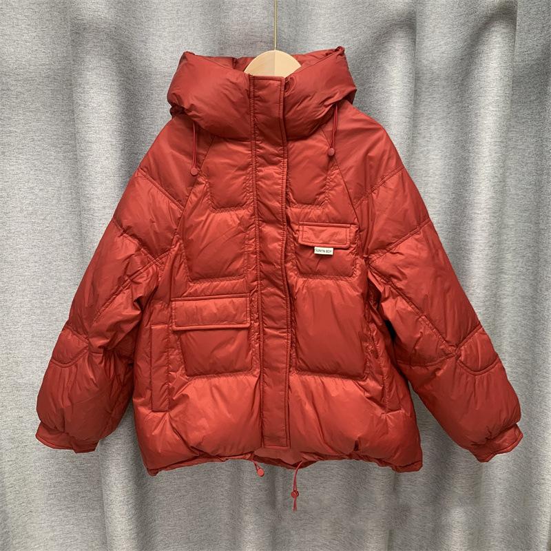 Zima Podzim Ženy Volný Polstrovaný Zip Jednobarevné Módní Bunda S Kapucí Límec Vše Odpovídající Teplý Bílý Kabát