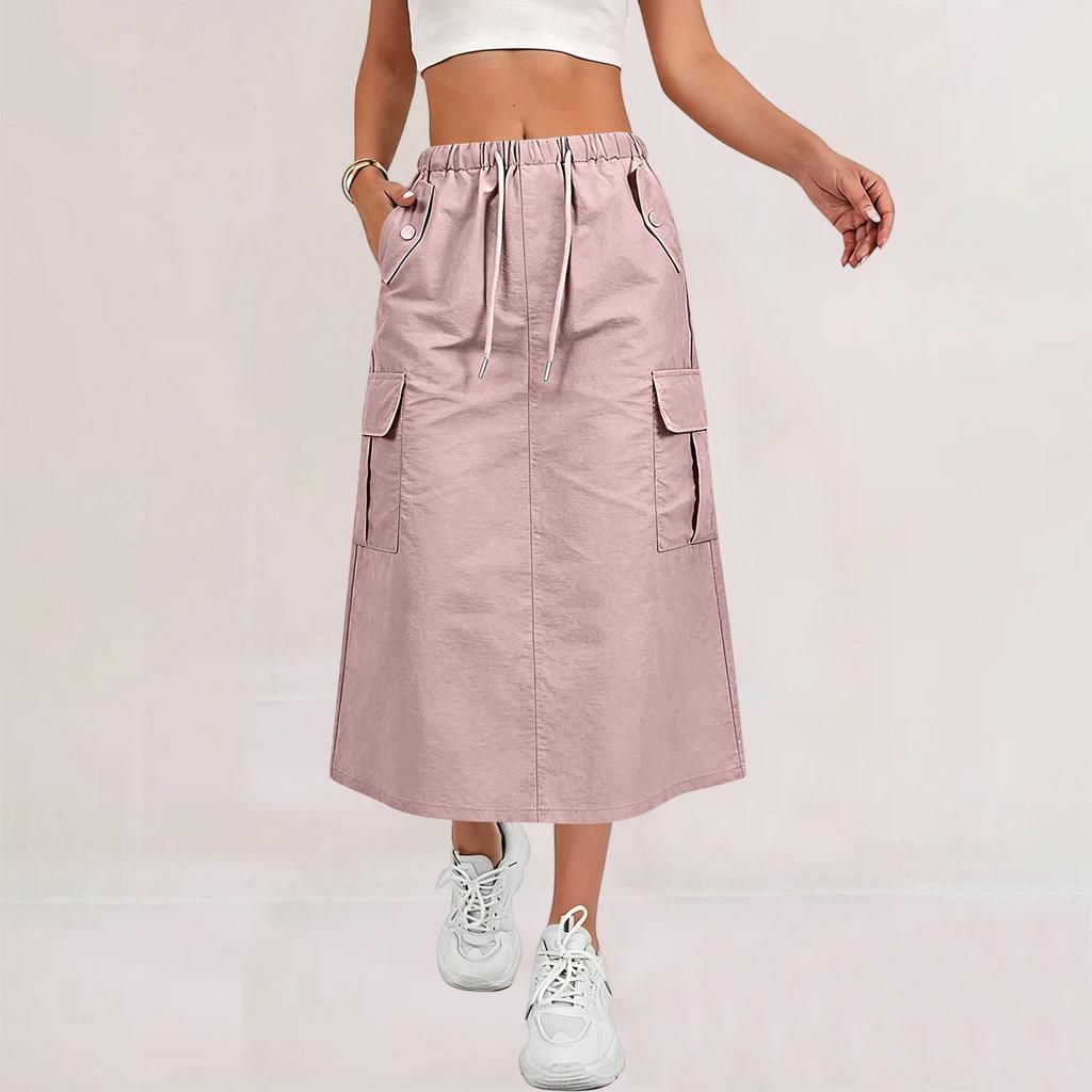 Women's Casual Long Cargo Skirt with Drawstring Waist and Pockets Lightweight Comfortable Workwear Style Skirt for Everyday Use