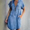 Women Dress Turn Down Collar Short Sleeves Pockets Zipper Loose Knee-length Dress for Office