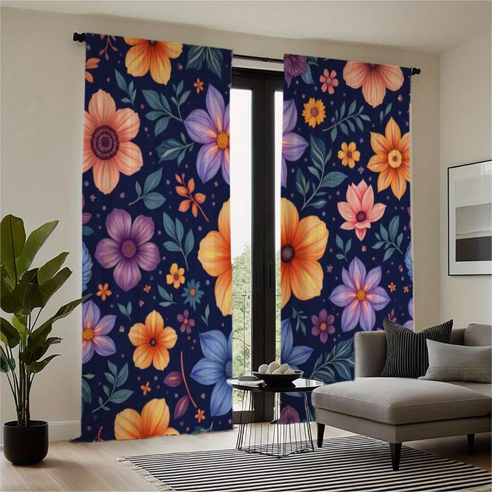 2pcs Floral Curtain Panels - Dark Blue Window Drapes with Orange, Purple, Blue Flowers - Semi-Sheer Light Filtering Window Treat