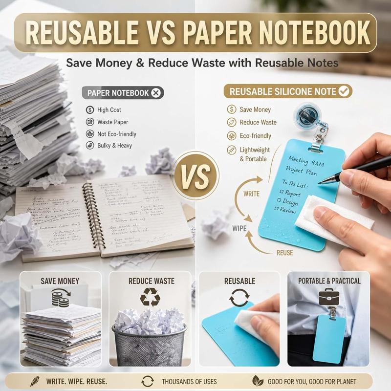 Erasable Badge Notes, Reusable Silicone Vertical Horizontal Badge , Ballpoint Pen Write & Alcohol Badges Notepad, Lightweig