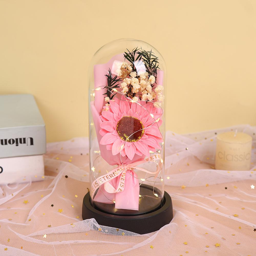 Qixi Festival Valentine's Day Gift Glass Cover Immortal Rose Soap Flower for Boyfriend and Girlfriend Exquisite Ornament