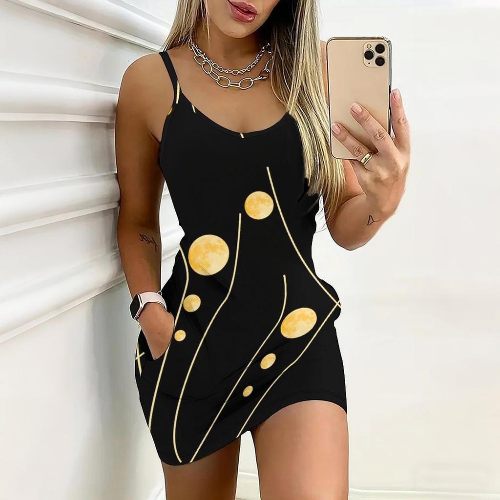 Summer New Flowers and Geometry  Patterns  Print Sleeveless Bodycon Dress with Pockets Sexy Slim Fit Elegant Party Dress