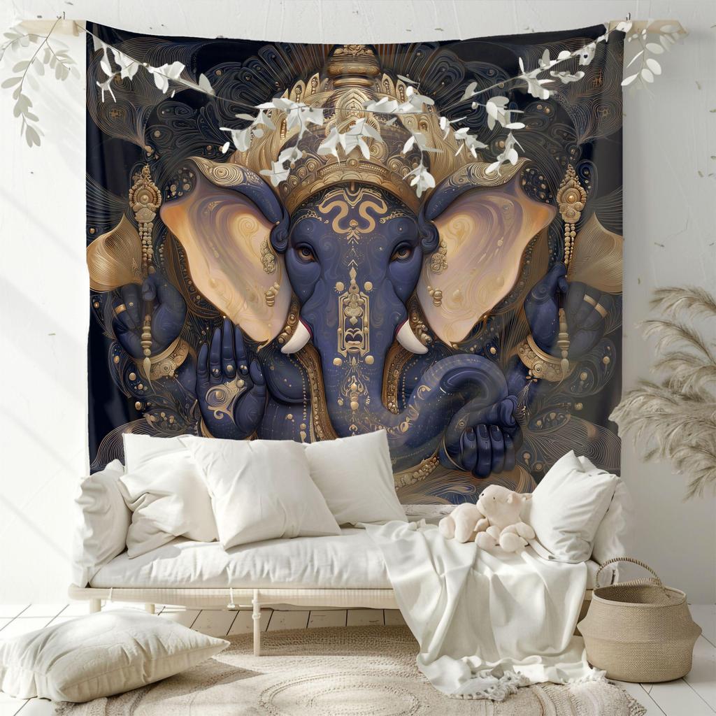 Blue Gold Elephant God Ganesh Tapestry Indian Mythology Elephant Head God Background Cloth Decoration Room Decoration