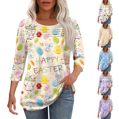 Women's Fashion Round Neck Pleated Front Placket Print 3/4 Sleeve Top