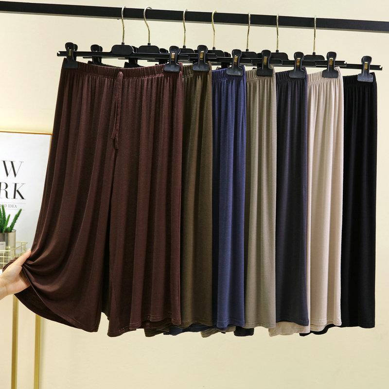 Plus Size M To 6XL U-Neck Women's Modal Pant Calf-length Summer Wide Leg Pants Drawstring Short Pants Casual Homewear Pants
