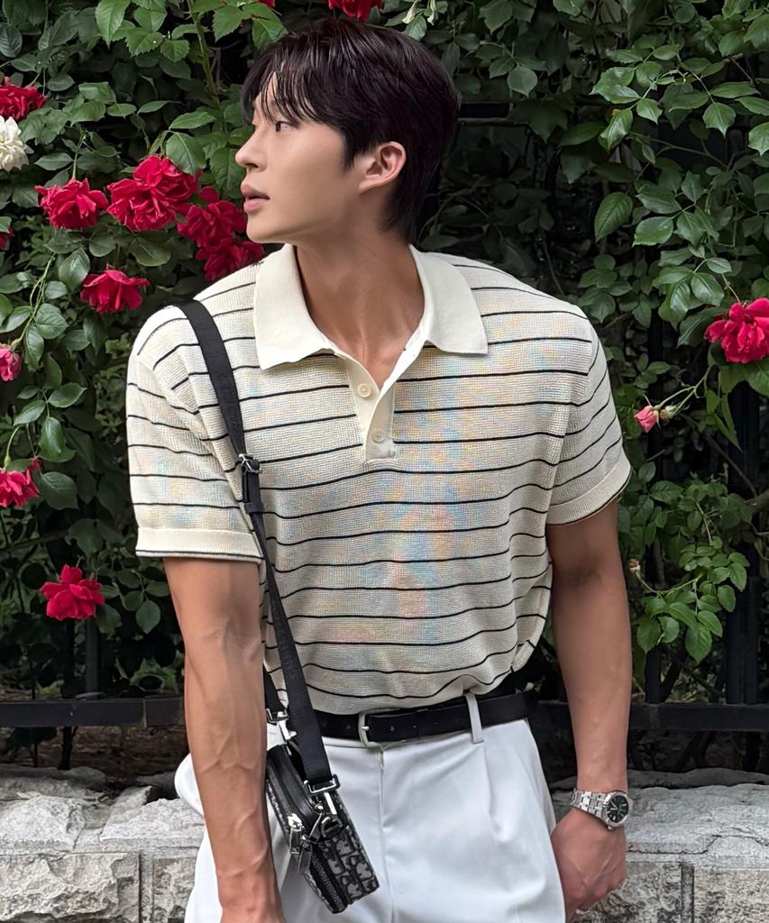 MINDBRIDGE [On][Set][Select Stripe Or Basic] Linen-Like Collared Short Sleeve Knit - 8 Colors (Type B)