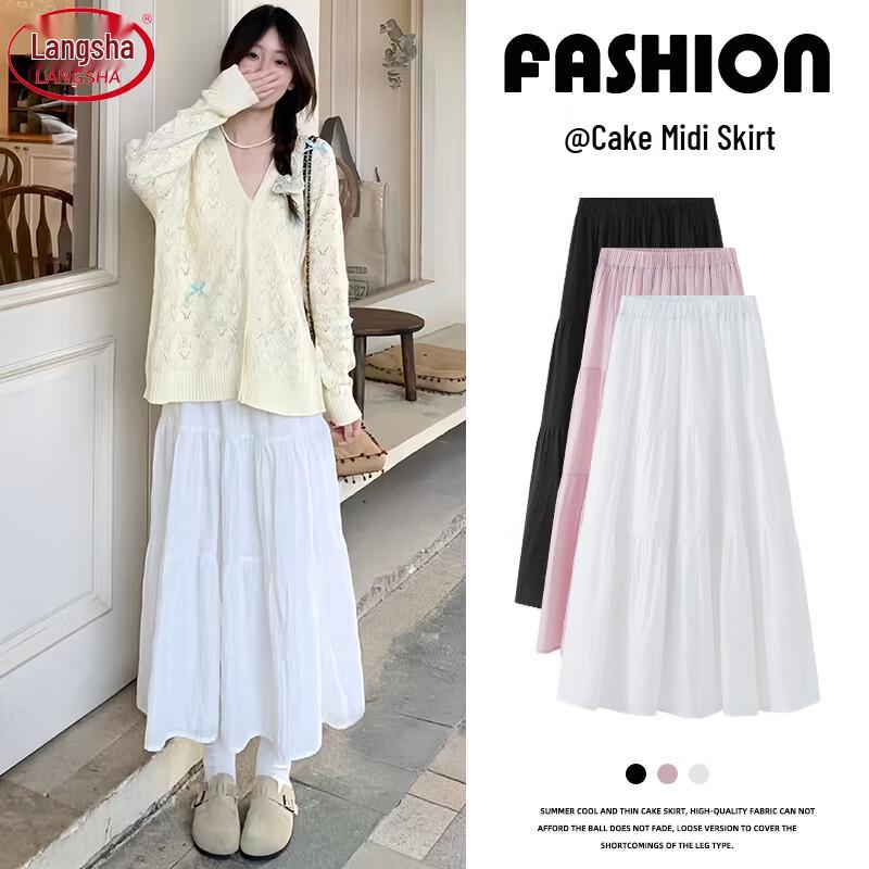 LANGSHA Women's High-Waist Pleated A-Line Long Skirt
