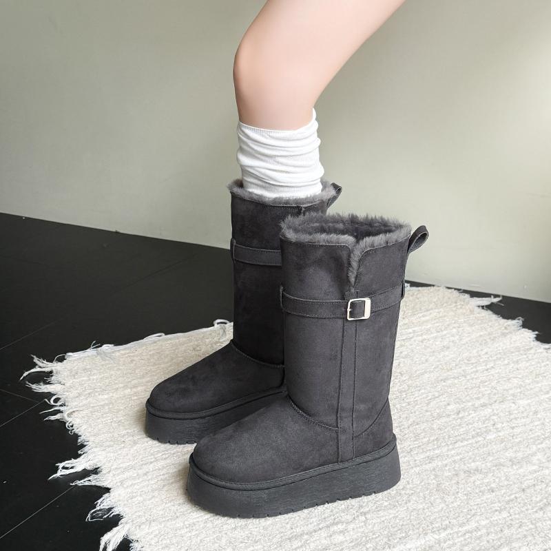 Mittelhohe Schneestiefel Winter Neu Runde Spitze Wildleder Ärmel Gürtelschnalle Plateau Rutschfest Verschleißfest Baumwollschuhe