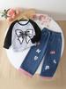 Girls' 2-Piece Set: Cute Long-Sleeve Sweatshirt with Bow Pattern & Denim Pants with Animal Embroidery (New Fall/Winter Collection)