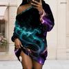 Women Plus Size One Shoulder Long Sleeve Galaxy Print Loose Tunic Dress