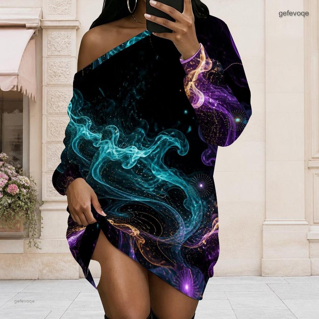 Women Plus Size One Shoulder Long Sleeve Galaxy Print Loose Tunic Dress