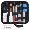 25-teiliges Gitarren-Reparaturset: Enthält ein Saitenwechselwerkzeug, einen Schraubenschlüssel, eine Schleiffeile, ein Messlineal, einen Saitenwickler und ein Nivellierlineal.