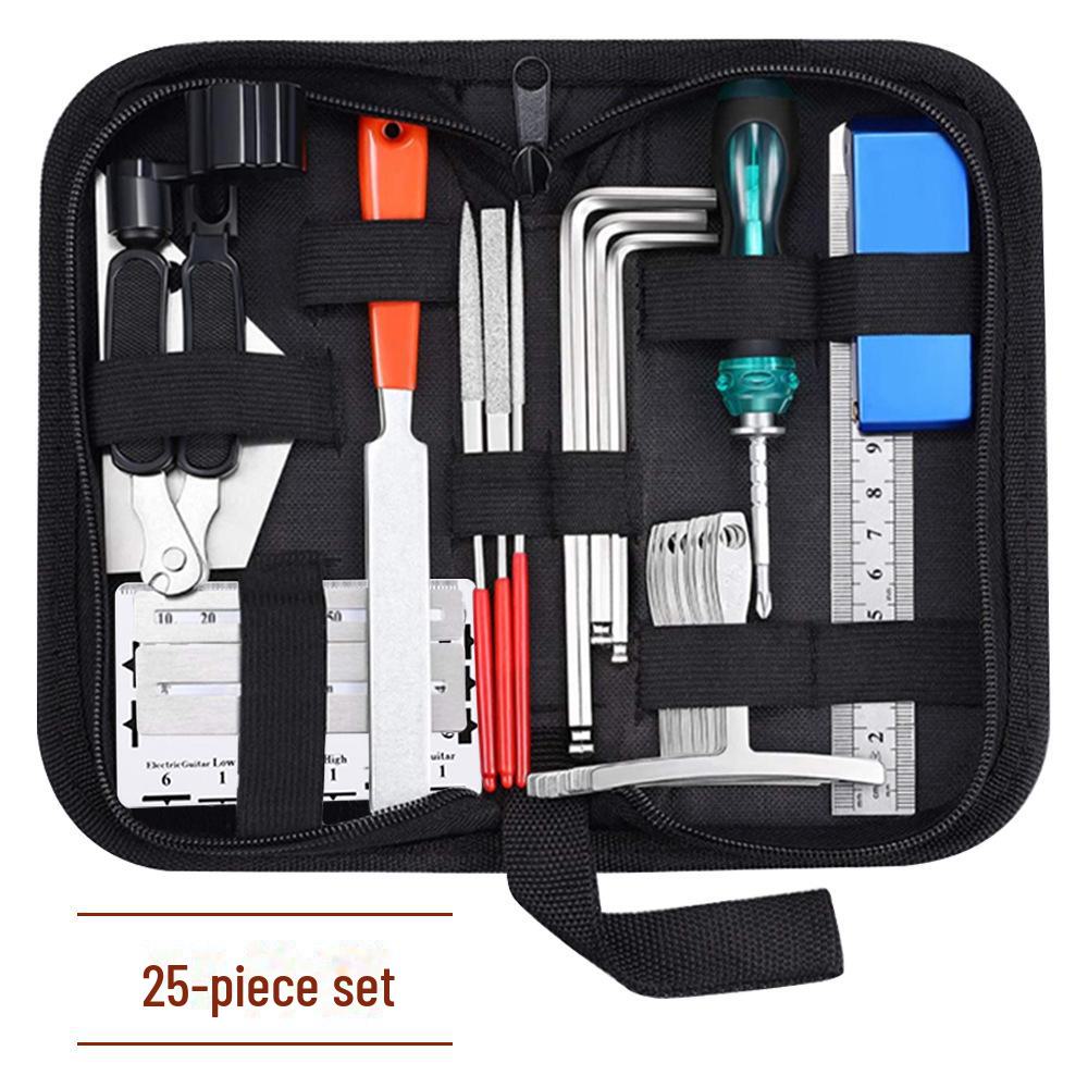 Kit de reparare chitara din 25 de piese: Include instrument de schimbare a corzilor, cheie, dosar de șlefuit, riglă de măsurare, înfășurator de șiruri, riglă de nivelare.