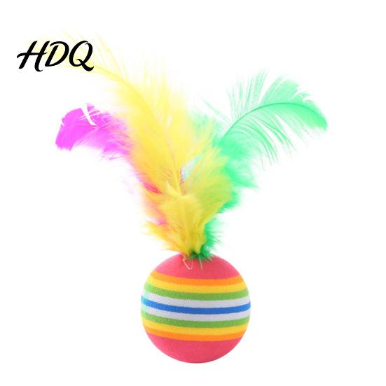 Soft Cat Ball Colorful Striped Ball Foam with Feathers Quiet Toy Feather