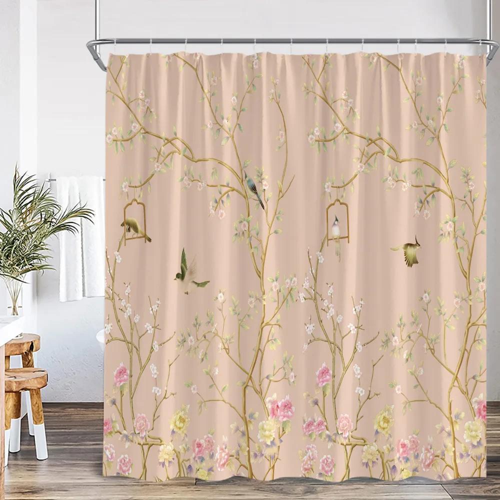 Chinese Style Shower Curtain Birds Classical Flower Tree Plant Asian Bathroom Decor Vintage Polyester Bath Curtain with Hook