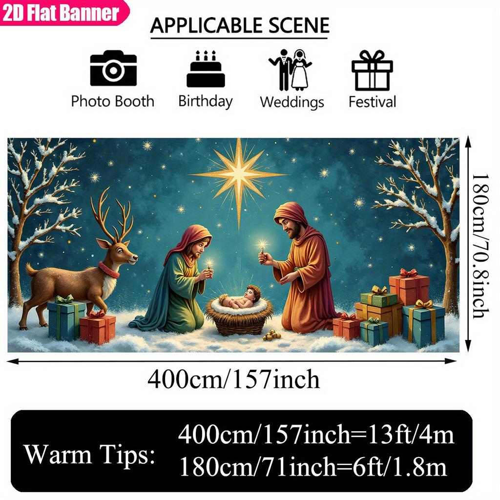 2D door curtain, 1 piece, ASOONYUM large Christmas horse trough scene banner, including Mary, Joseph, Jesus, reindeer, a