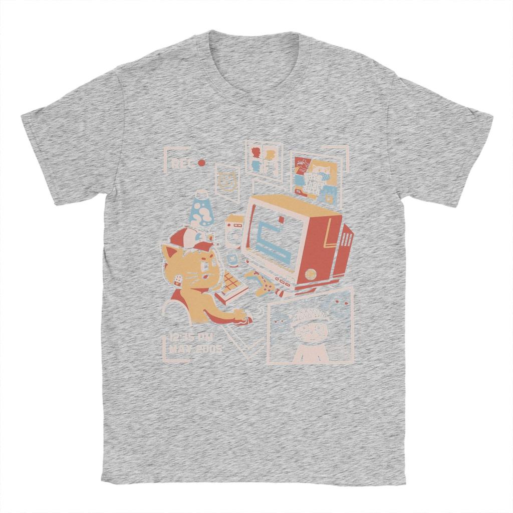Cat Playing Computer Games T Shirt Men's 100% Cotton Funny T-Shirts Crew Neck Tees Short Sleeve Clothing Plus Size