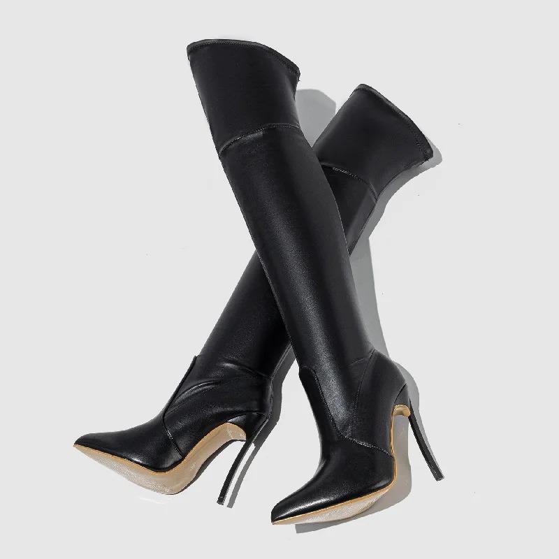 Eilyken Winter PU Leather Women Over-the-Knee Boots Fashion Pointed ToeThigh High Long Booties Stiletto Heels Shoes Size 35-42