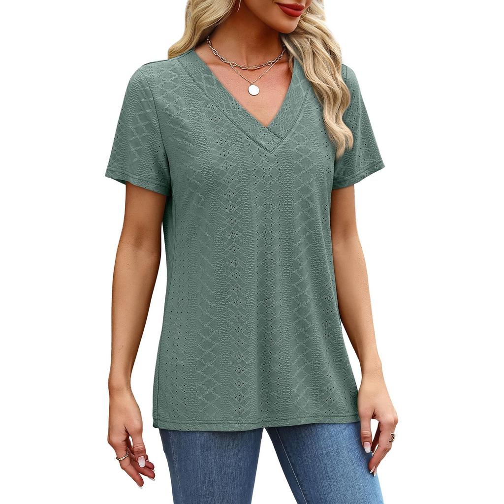 Women's Fashion Casual Short Sleeve V-Neck Court Lock T-Shirt Top
