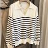 Trendy Autumn Polo Collar Knit Sweater: Loose-Fit Striped Lapel Top