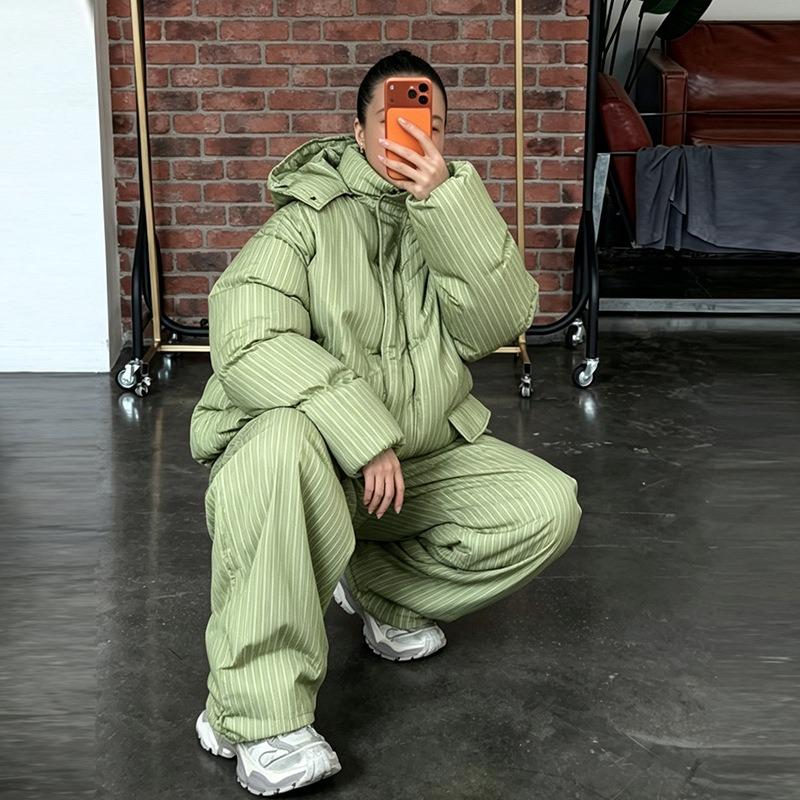 Vertical striped hooded cotton suit set thick warm loose bread suit trousers winter women's clothing