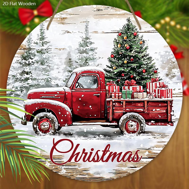 Hölzliches Weihnachtsschild mit klassischem rotem Pickup-Truck-Muster, warmes winterliches Weihnachtsornament zur Dekoration für Haustür/Wand, ideale Weihnachtsdekoration
