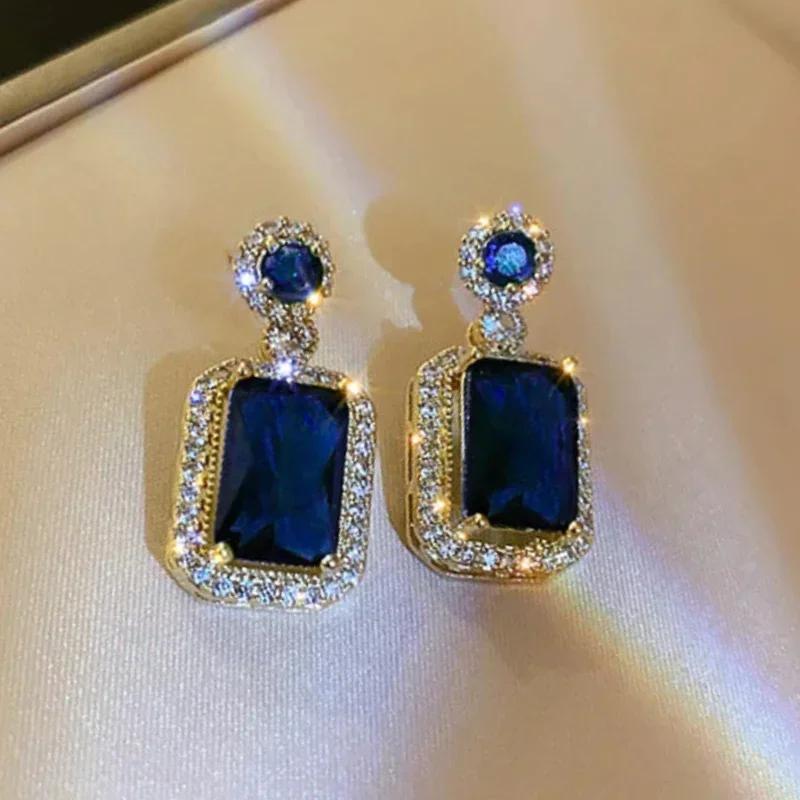Royal Blue Zircon Oval Earrings Fashionable High-End Design Accessories for Banquets Personalized Simple Zircon