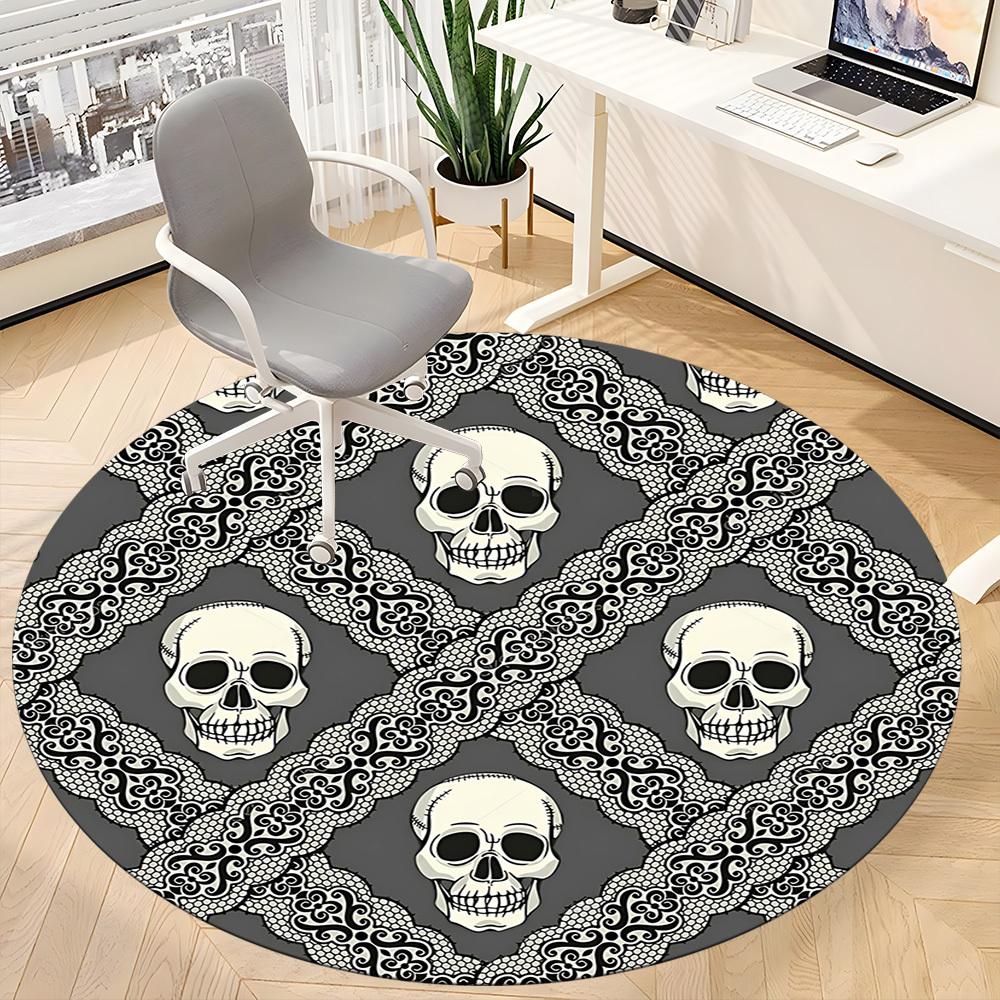 1pc Skull Lace Office Round Area Rug, Indoor Mat Suitable For Office, Under Office Chairs Bedroom Living Room Home Decor, Room Deco