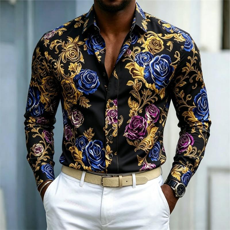2026 Men's Shirt French Retro Blue Purple Gold Rose Flower Shirt White Background Pattern Slim Fit Long Sleeved Shirt XS-6XL