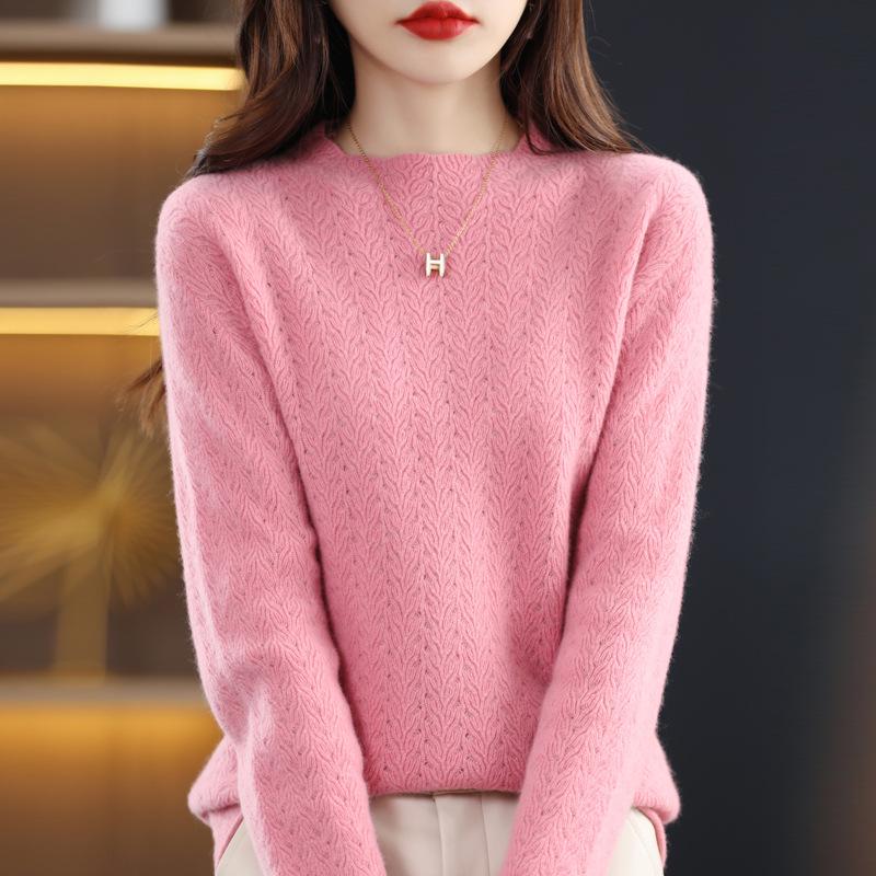 Women's Retro Wool Knit Hollow Out Sweater - Autumn/Winter Long Sleeve Half High Neck Pullover.