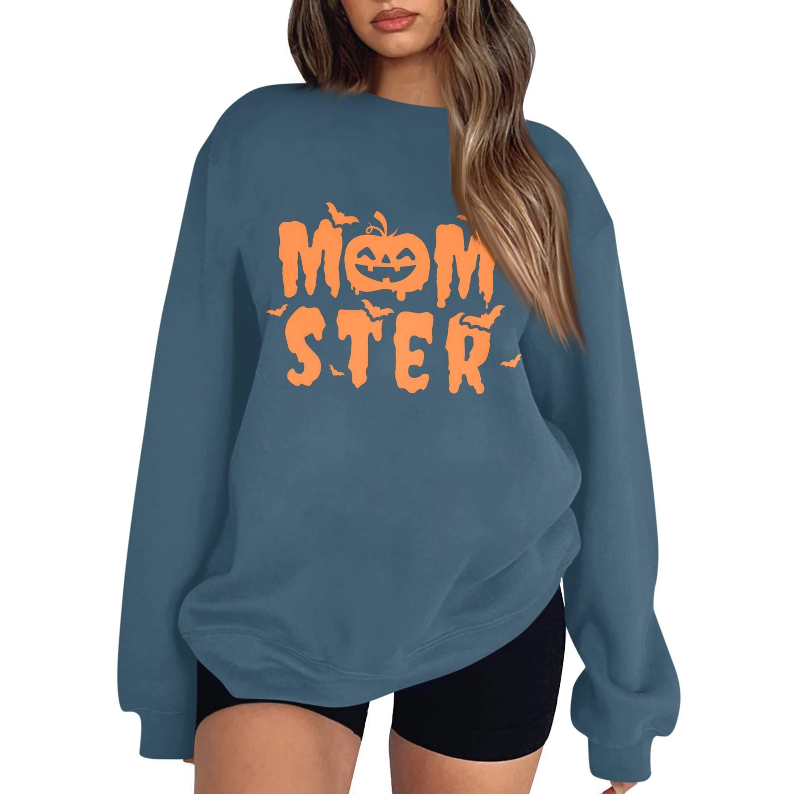 

Женский пуловер с принтом Хэллоуина, круглый вырез, заниженная линия плеча, блузка с длинными рукавами M тёмно-синий