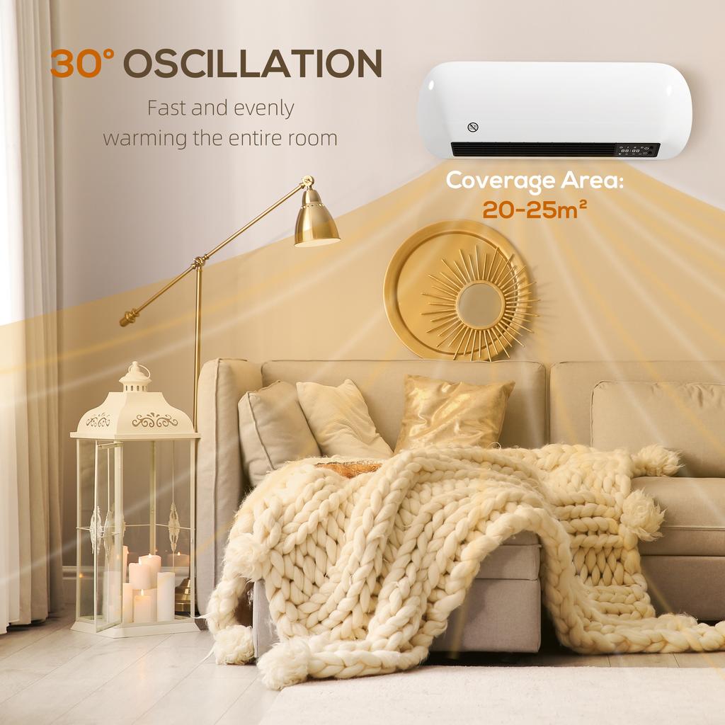 2000W Ceramic Electric Heater with Fan, Adjustable Thermostat, Wall Mounted - White