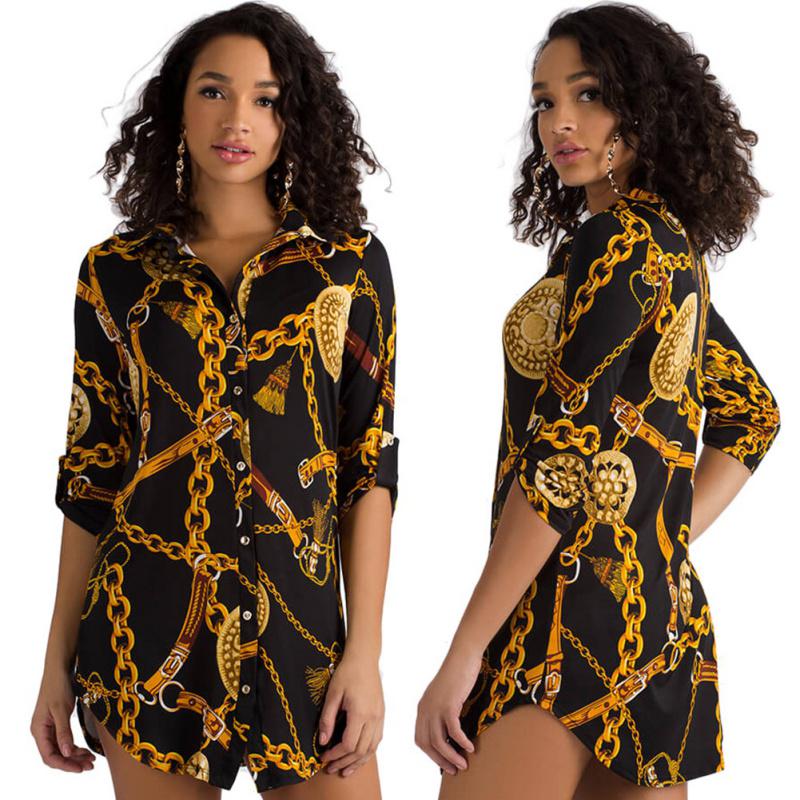 Long Sleeve Chain Print Women Blouses 