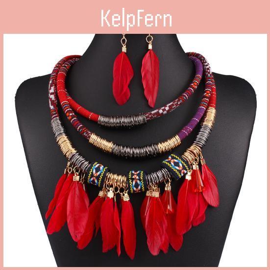 2pcs Charm Tassel Multilayer Feather Choker Lady Statement Necklace Earrings Set