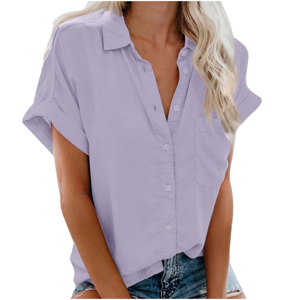 Women's Point Collar Short Sleeve Button Down Shirt Straight Fit Casual Summer Blouse
