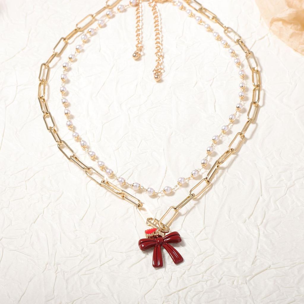 Korean version of simple, fashionable and fresh temperament double-layer stacked chain imitation pearl niche design necklace versatile daily