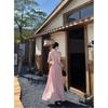 French bow lace-up long-sleeved pink dress women's autumn waist halter A-shaped skirt gentle wind long dress