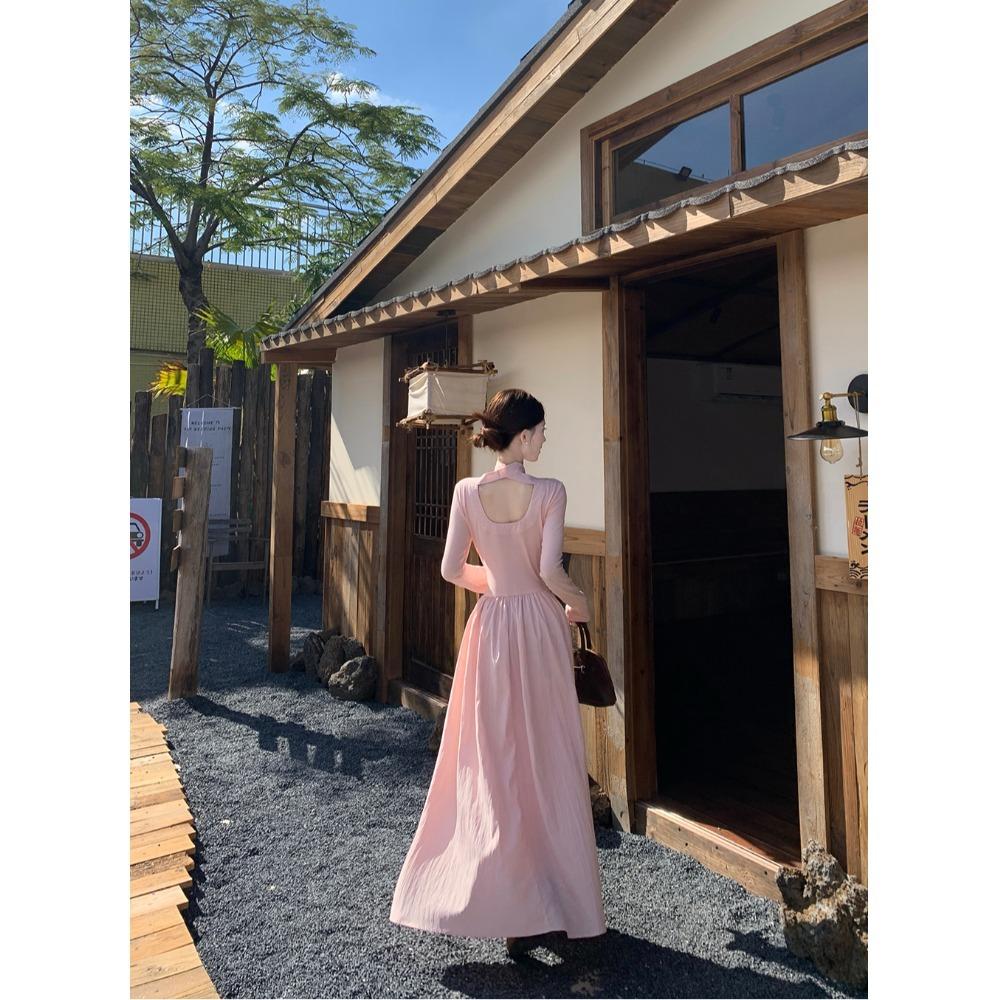 French bow lace-up long-sleeved pink dress women's autumn waist halter A-shaped skirt gentle wind long dress