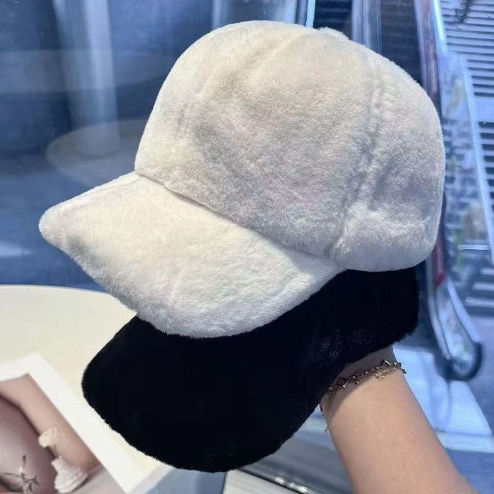 Solid Color Faux Fur Duckbill Hat Thickened Warm Plush Hat Casual Fluffy Baseball Hat Outdoor