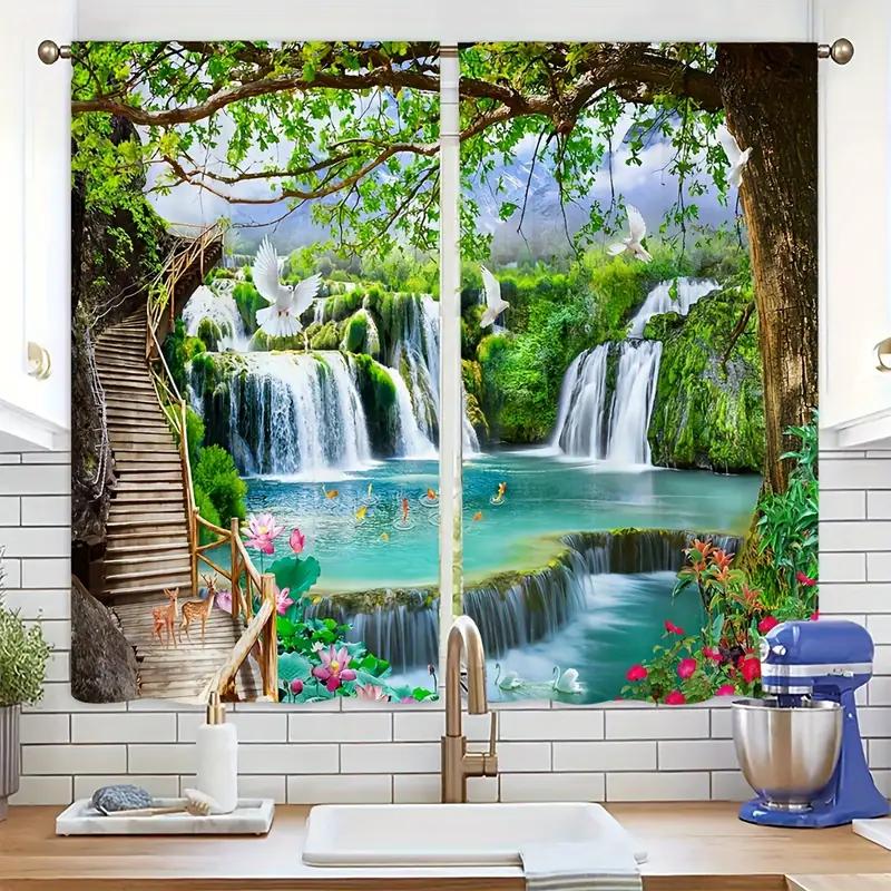 Set Of 2 Scenic Waterfall Floral Printed Curtains Designed Quality Material Ideal Nature Inspired Home Curtain With Semi Sheer Polyester
