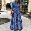 LYRIA Women Long Sleeve Printing Red Blue Long Dress Maxi Dress