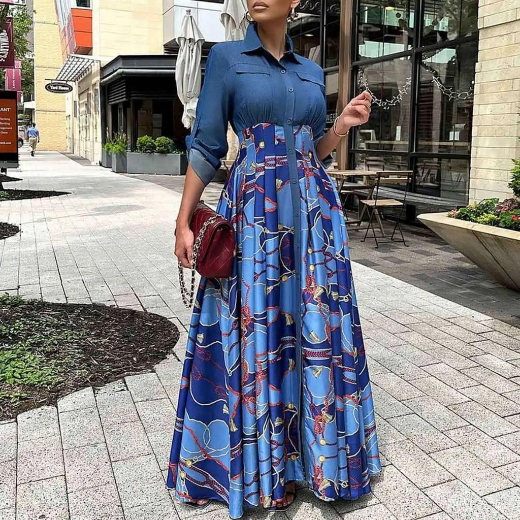 LYRIA Women Long Sleeve Printing Red Blue Long Dress Maxi Dress