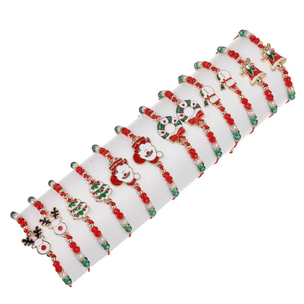 12pcs Festival Christmas Bracelets Imitation Pearl Santa Claus Xmas Tree Pendant Party Jewelry Gifts for Girls Kids Adult