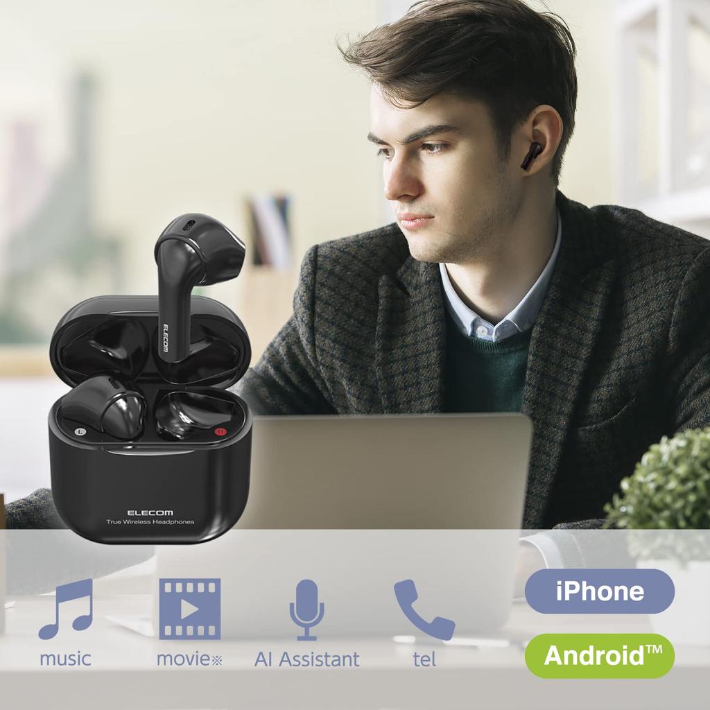ELECOM Bluetooth 5 Wireless Earbuds, Lightweight and Compact, In-Ear Design, Call Handling, Automatic Pairing, ACC Compatible, Type-C Charging, Black