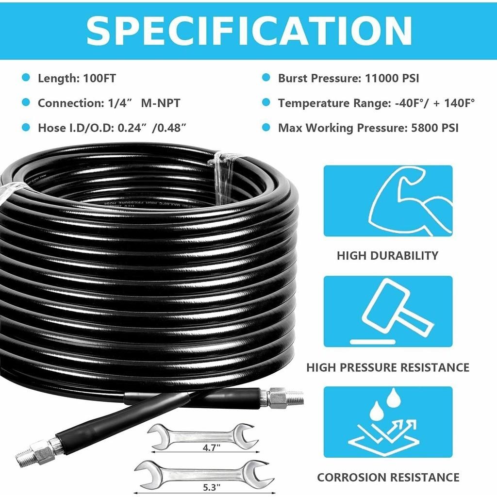 5800PSI High Pressure Cleaning Machine Sewage Pipe Pressure Washer Sewer Unclogging Hose Jetter Nozzle Kit