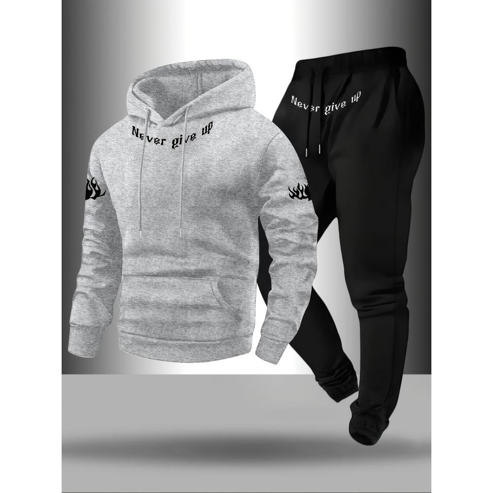 

Street Wear Men s Letter Pattern Print, Drawstring Pocket Hoodie and Sports Drawstring Pants Matching Set , Full of Youthful Atmosphere S