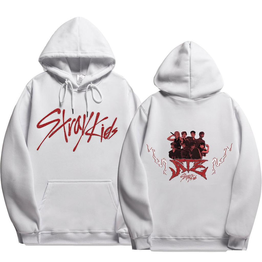 Stray Kids Script Logo ATE Group Lightning Hoodie Stray Kids Members Group Photo with White Lightning & ATE Metal Logo, Oversized K‑Pop Fan Pullover