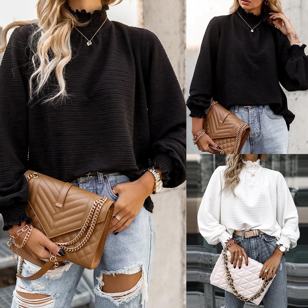 

Женская пуловерная рубашка с высоким воротом и длинными рукавами, женская повседневная простая блузка с рюшами
